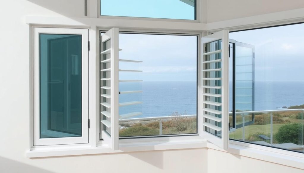 Double glazed louvre windows in a Sydney coastal home showing weather resistance