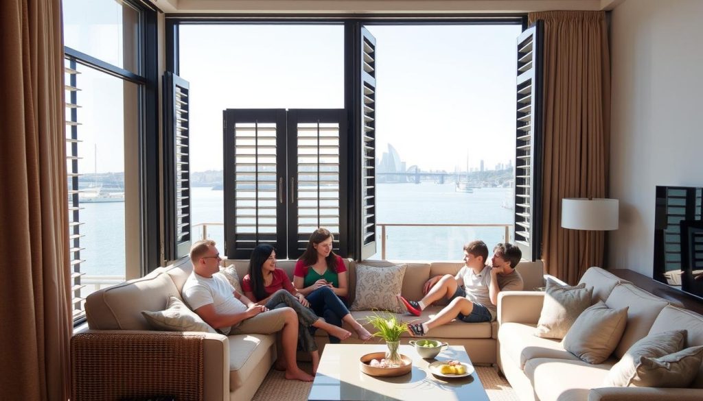 Family enjoying a comfortable living room with double glazed louvre windows in Sydney