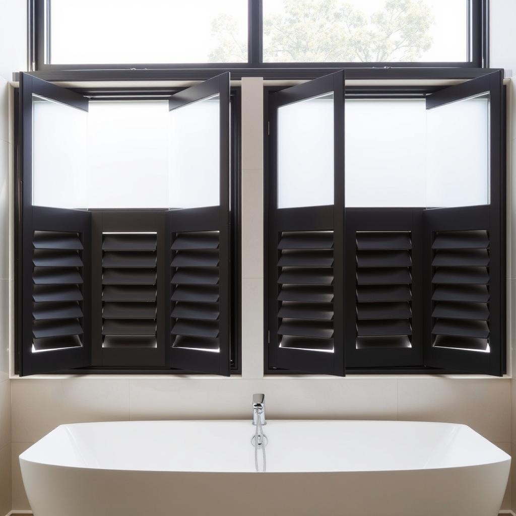 Louvre windows in a Sydney bathroom showing privacy glass options while maintaining ventilation