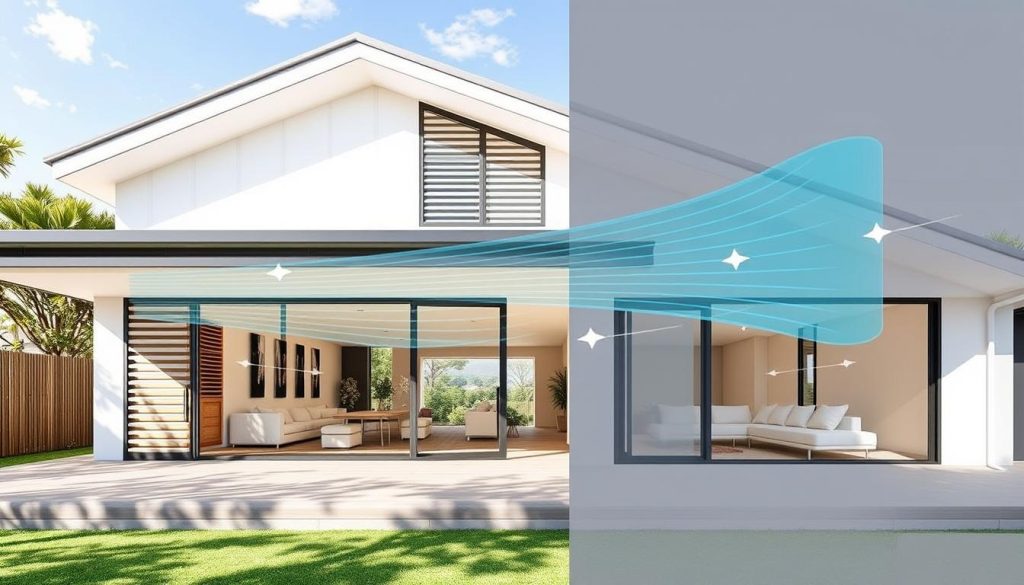 Louvre windows maximizing cross-ventilation in a modern Sydney home with airflow patterns visualized