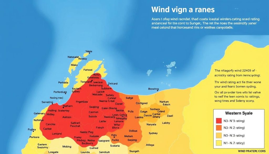 Map of Sydney showing different wind rating zones from coastal to inland areas