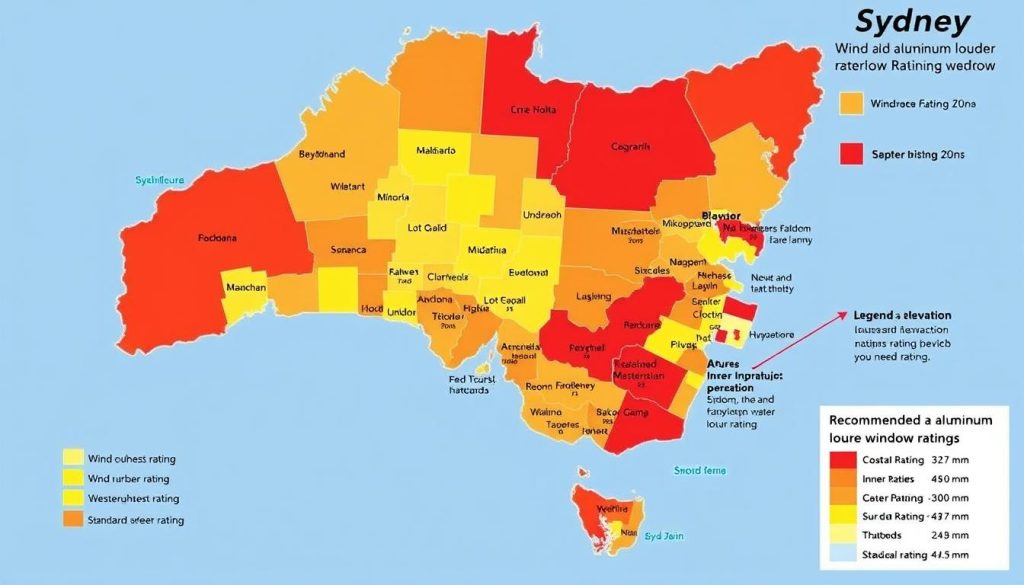 Map of Sydney showing recommended aluminium louvre window ratings by suburb