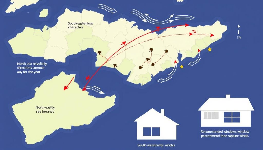 Map showing prevailing wind directions in Sydney with recommended window placement