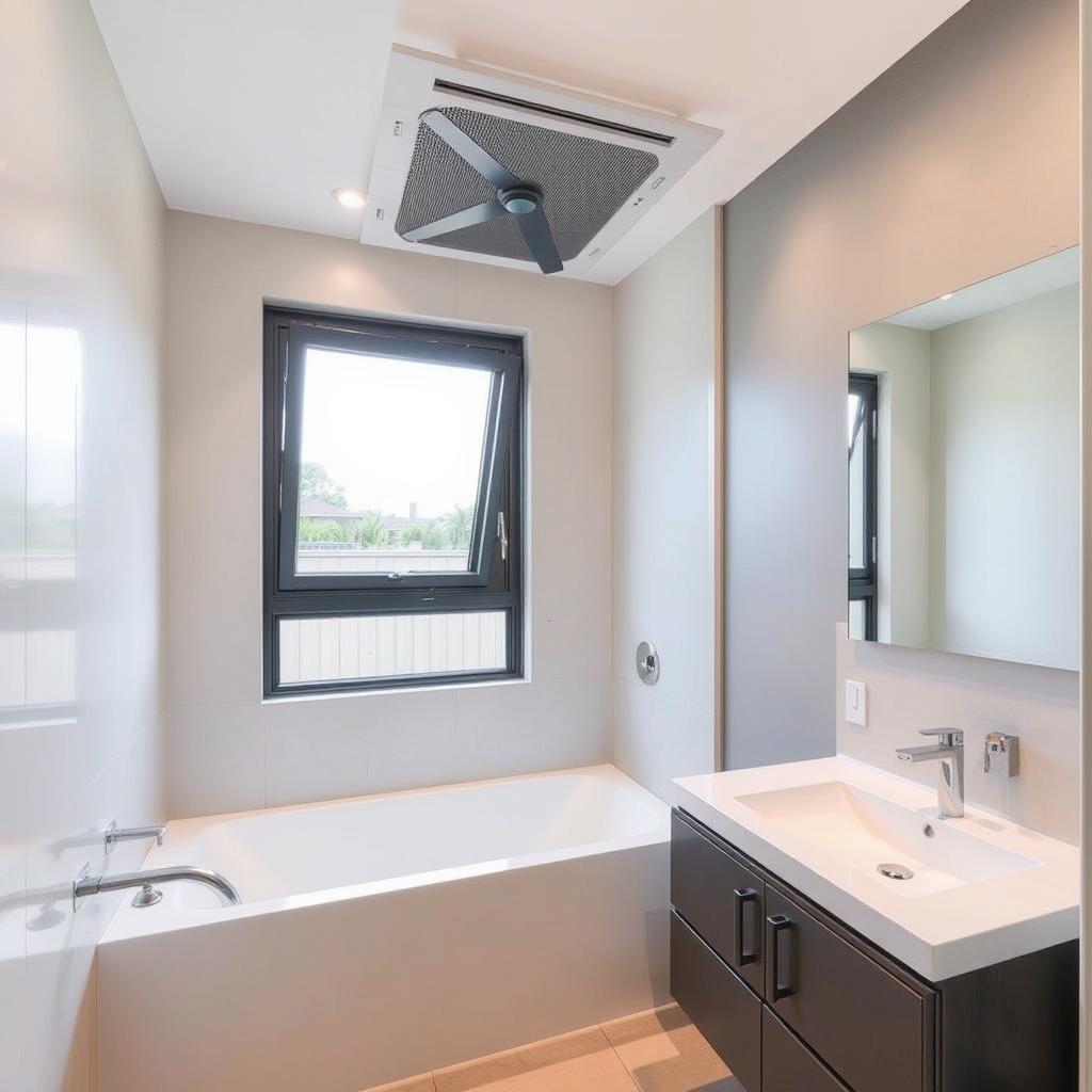 Modern Sydney suburban bathroom with integrated louvre window ventilation system