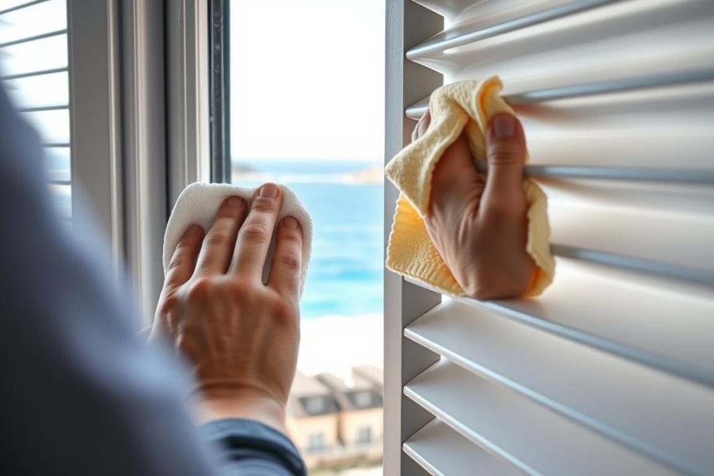Person applying protective coating to aluminium louvre window frame