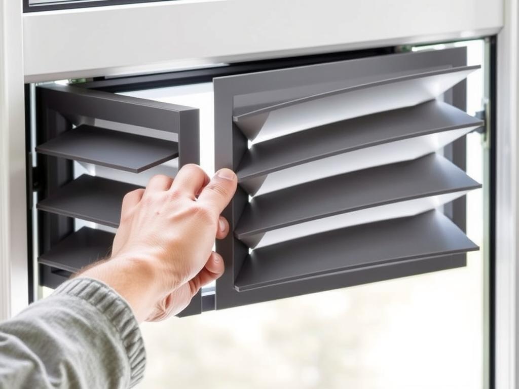 Person operating an acoustic aluminium louvre window, demonstrating the smooth mechanism and multiple opening positions