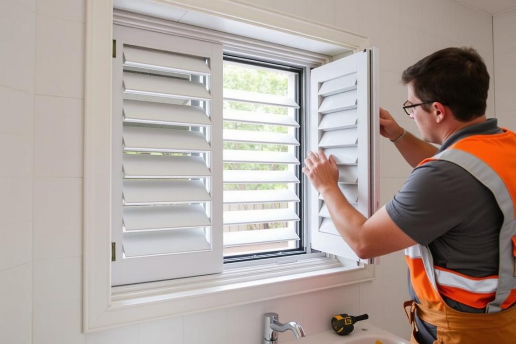 Professional installation of louvre windows in a Sydney bathroom showing proper sealing techniques