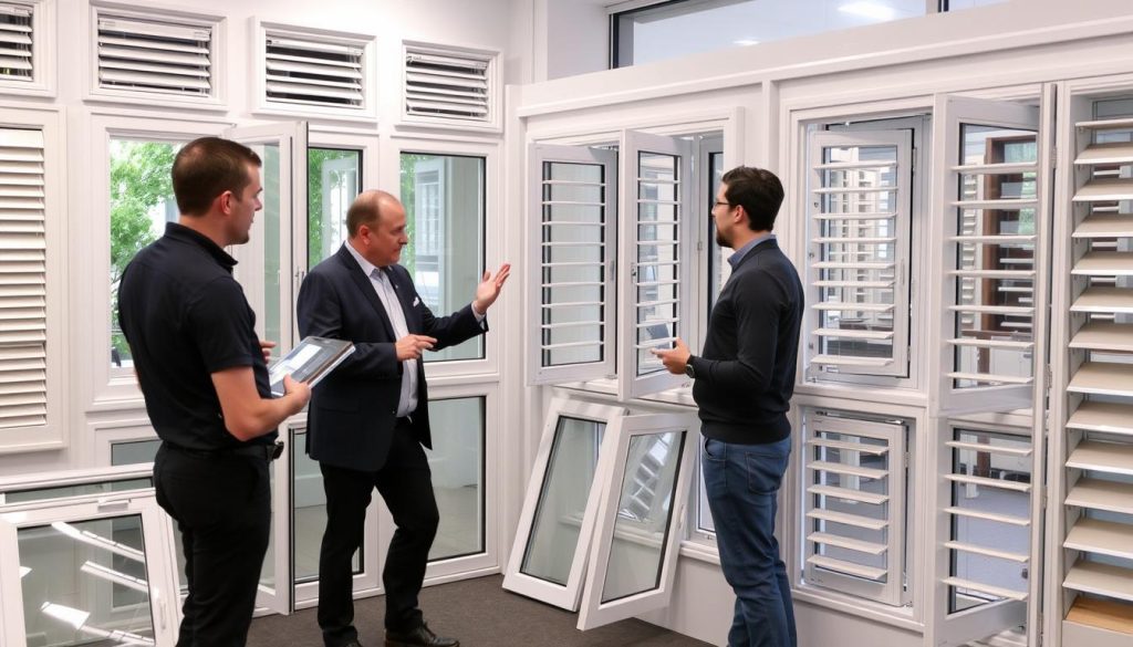 Showroom displaying double glazed aluminium louvre window options in Sydney