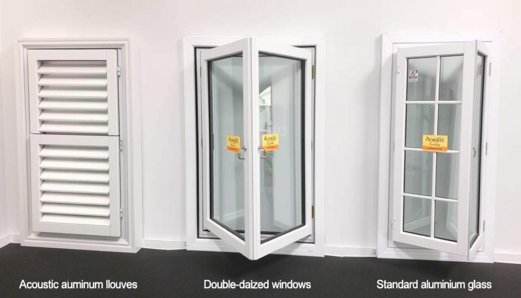 Side-by-side comparison of different window types showing acoustic louvre windows alongside double-glazed and standard options