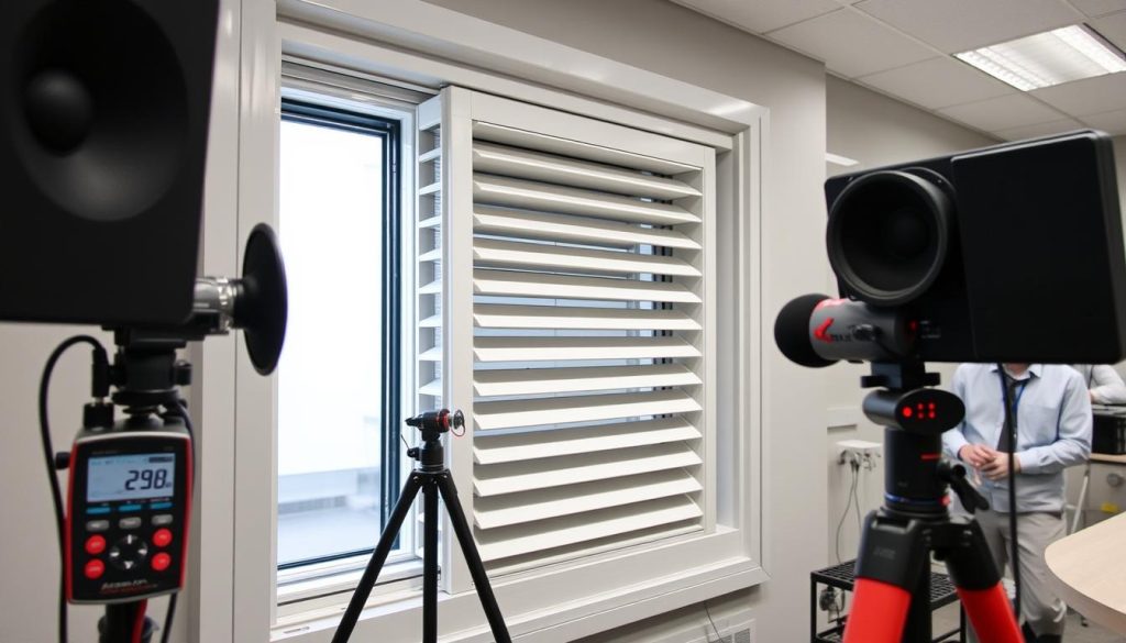 Sound testing equipment measuring the acoustic performance of aluminium louvre windows in a Sydney testing facility