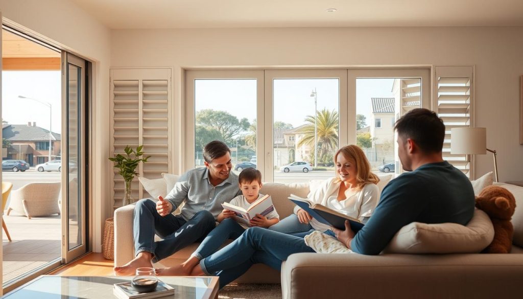 Sydney family enjoying a quiet living room with acoustic aluminium louvre windows visible in the background facing a busy road
